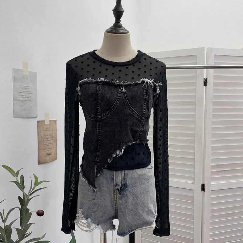 Asymmetric Distressed Jean Tailored Cropped Wrist-Length Tee