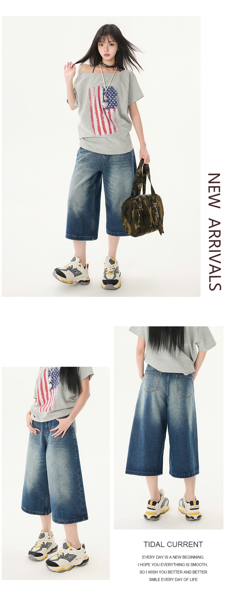 Women's Washed Seven-Quarter Denim Pants Loose Straight Wide-Leg Mid-Length Trousers
