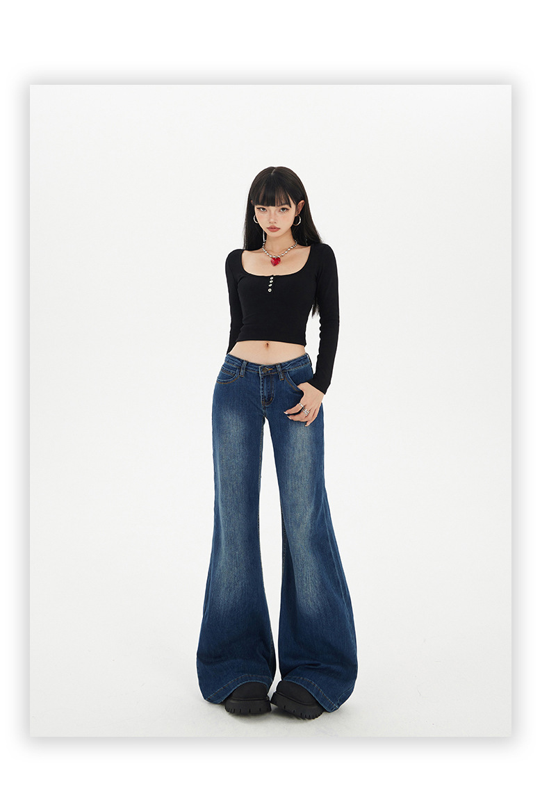 Blue Low-Waist Flared Jeans for Women Autumn Casual Versatile Hanging Flared Pants
