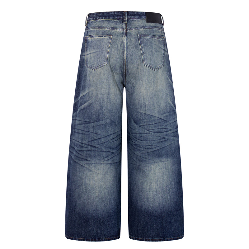 Vintage High-Quality INS Denim Pants Men High Street Washed Gradient Distressed Catwhisker Minimalist Wide-Leg Straight Leg Pants