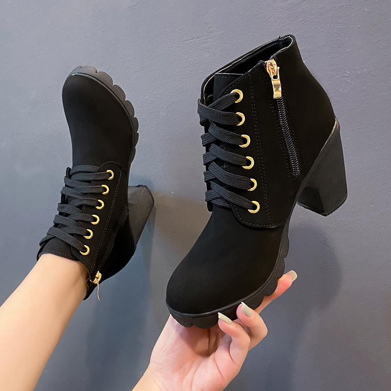 High heels belt buckles thick heels round toe Martin boots for women