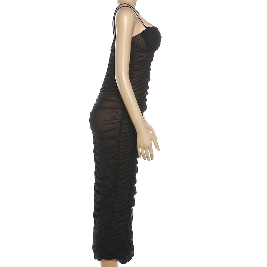 Plunging Sleeveless Spaghetti Strap Fluted Open Back Dress