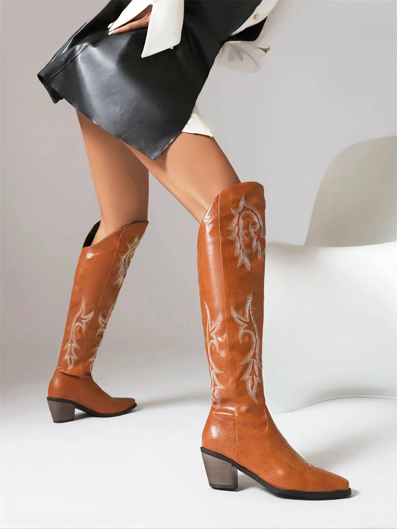 Country Thigh Block Sole Sharp Tip Boots