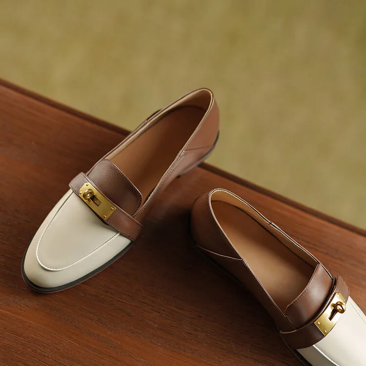 Blapunka Women Genuine Leather Loafers Designer Metal Lock Mix-color Slip-on Flat Shoe Ladies Spring Autumn Casual Comfort Flats
