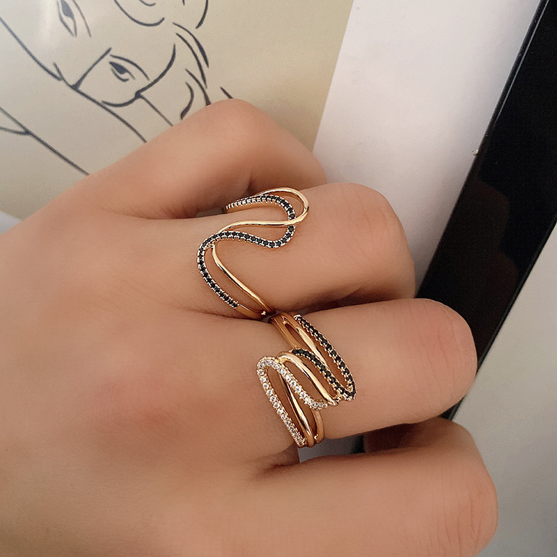 Korean fashion micro-paved zirconia ring for women, fashionable and personalized irregular ring