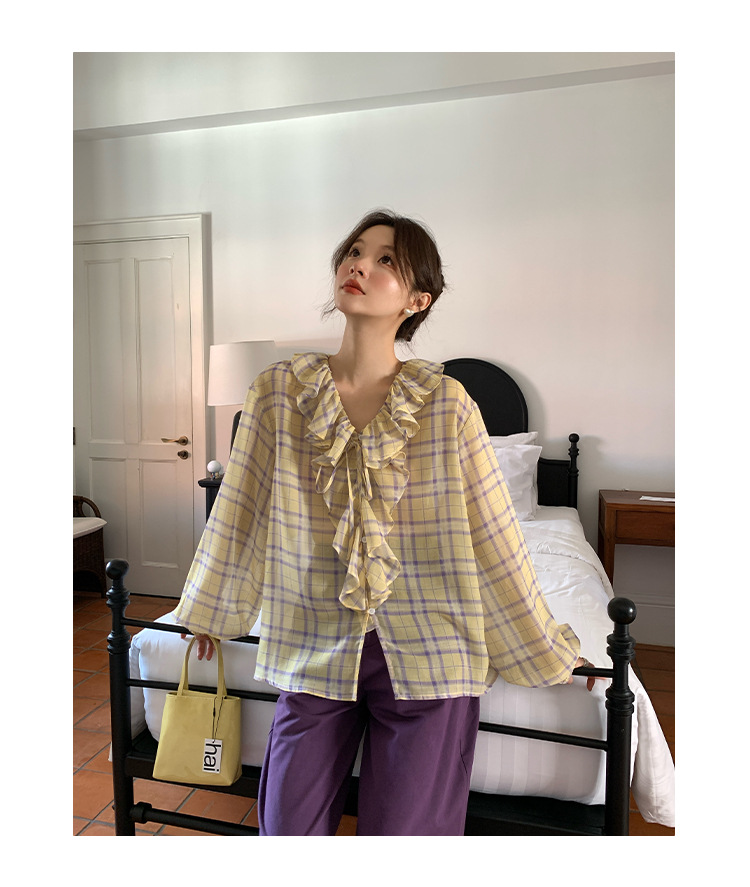 Breezy V-Neck Long Sleeve Loose Fit Checked Blouse