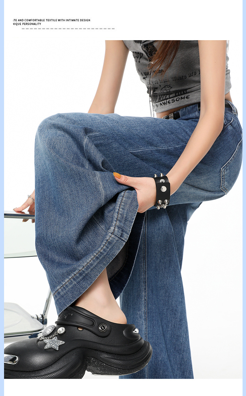 Retro Blue Pleated Tencel Wide-Leg Jeans Women High-Waist Loose Slim Straight Pants