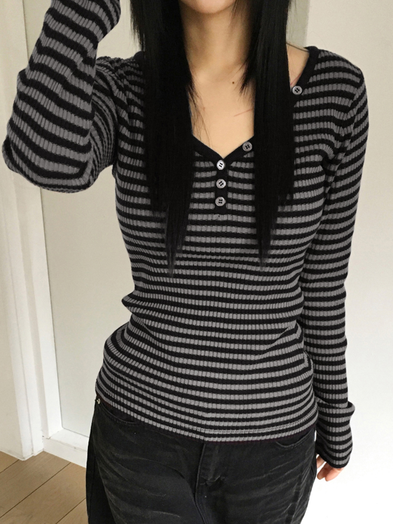 Simple Fashion Striped Color Block Round Neck Basic Long Sleeve Slim Fit Versatile Slimming Casual Short Top