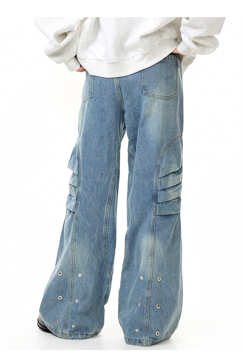 Street Retro Unique Folded Structured Casual Denim Trousers