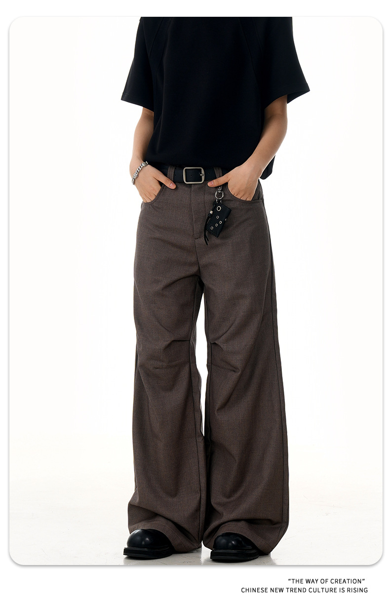 Flared Brown Trousers with Pleated Retro Design Loose Fit Casual Slim Long Pants