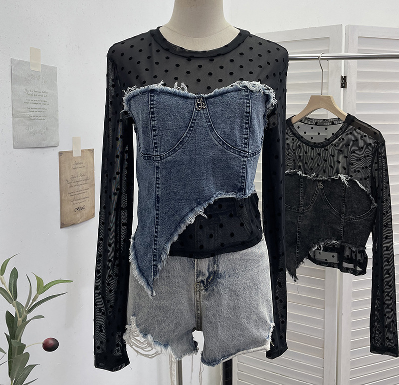 Asymmetric Distressed Jean Tailored Cropped Wrist-Length Tee
