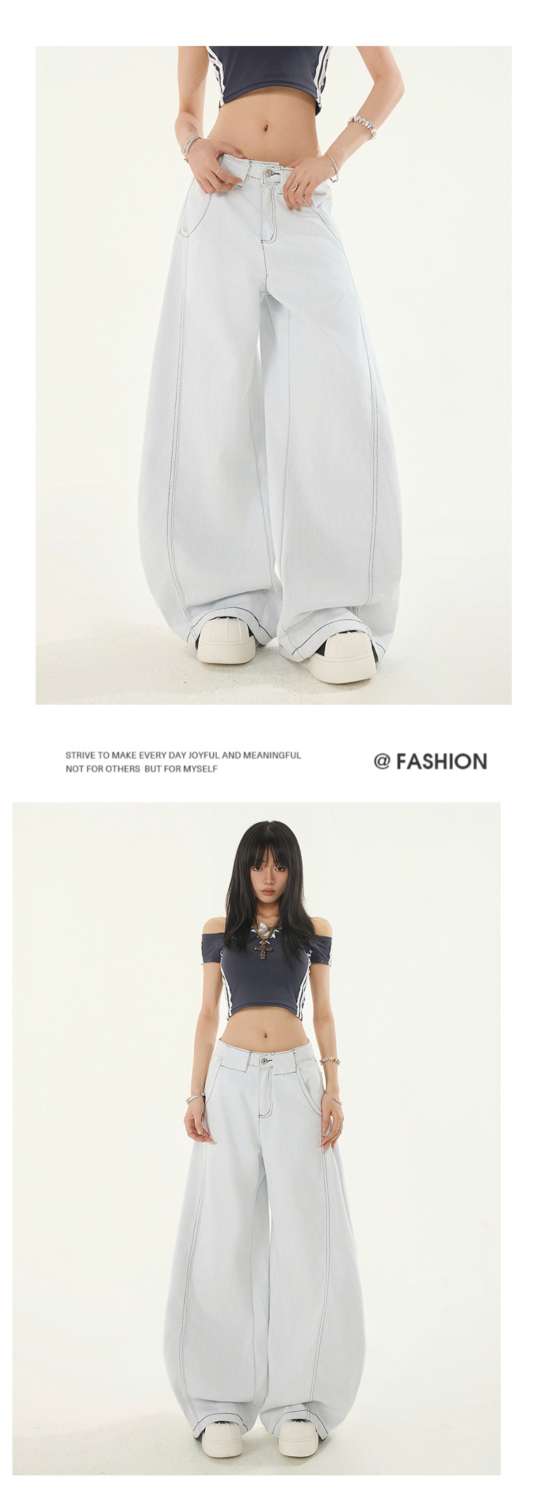 Low-Waist Knife-Edge White Jeans for Women Summer New Loose Straight High Street Wide Leg Pants