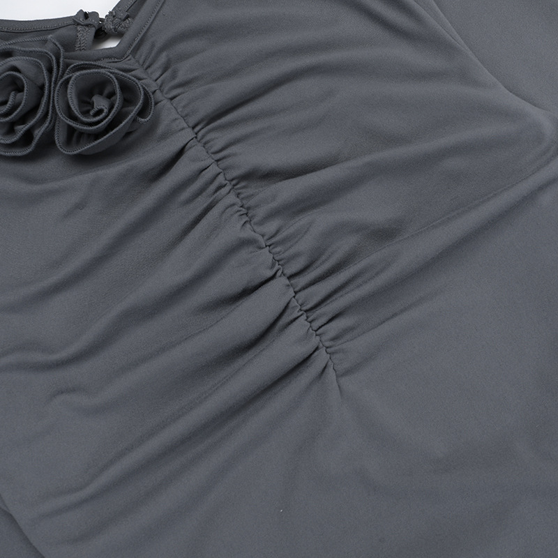 V-Neck Knitted Raised Floral Open Back Slit Dress