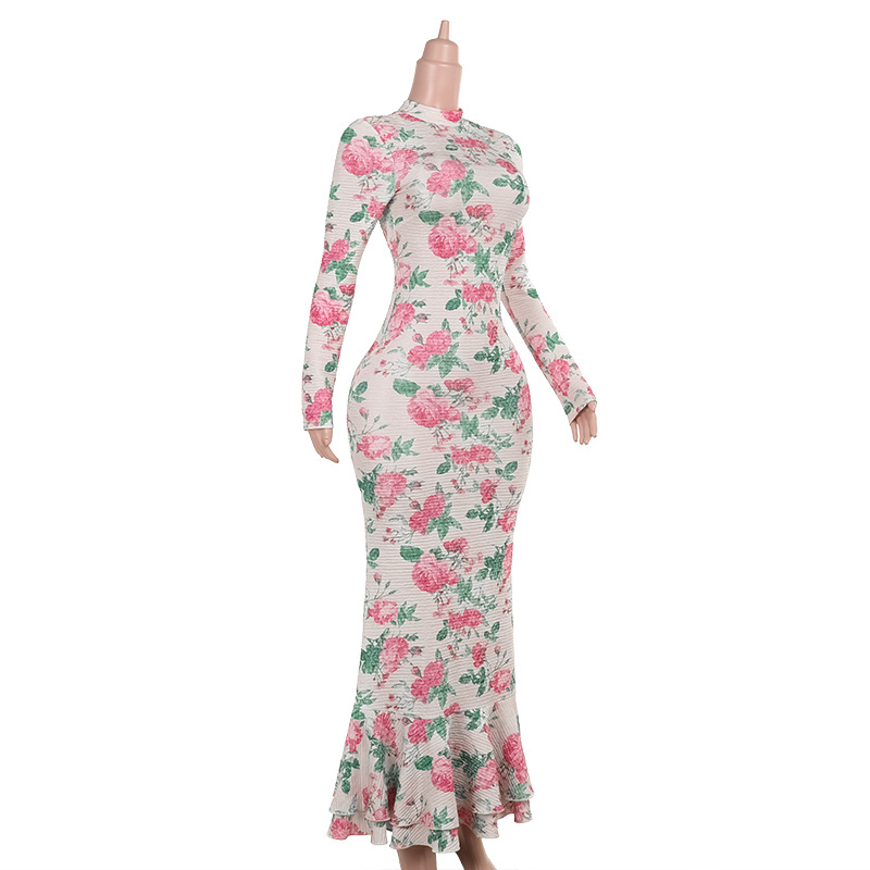 Fitted Maxi Patterned Mock Neck Full-Sleeve Dress