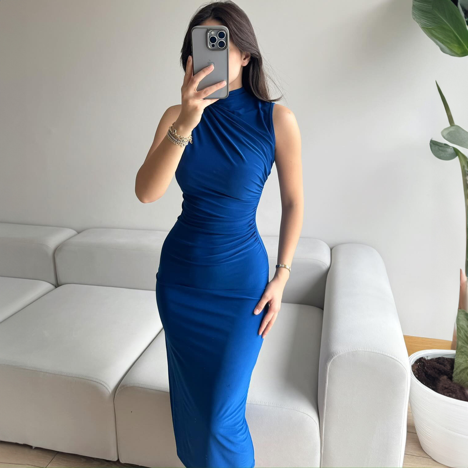 Mock Neck Side Split Bodycon Maxi Dress