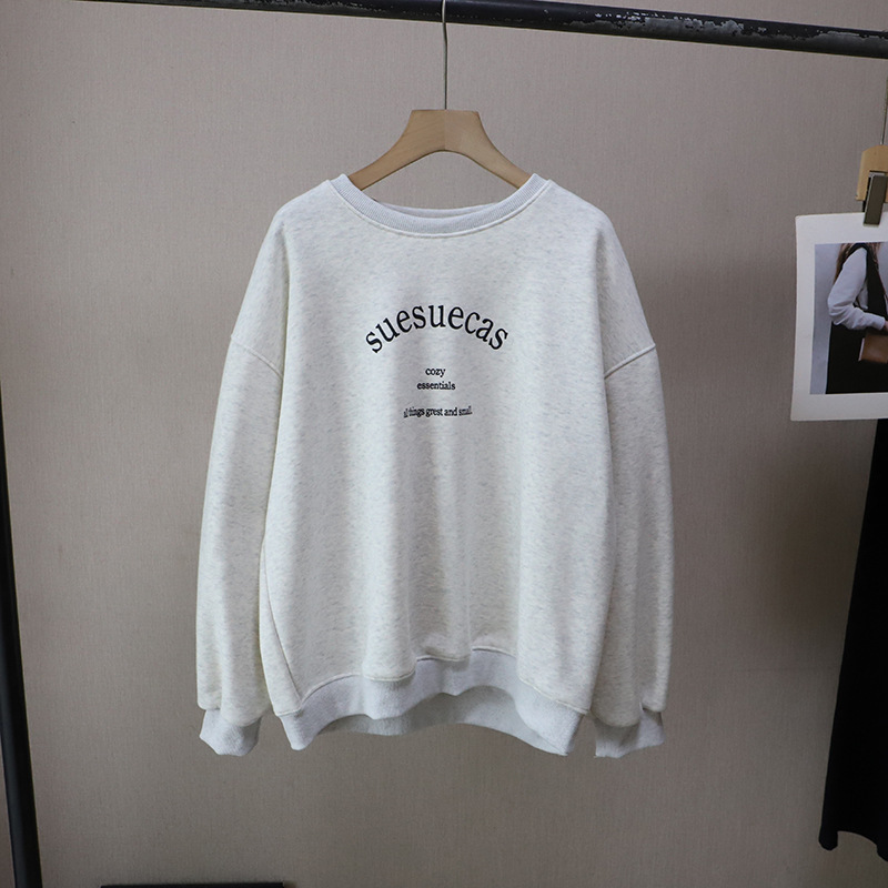 Casual Loose Fleece Lined Hoodie with Letter Print Round Neck Style Women's Sweatshirt