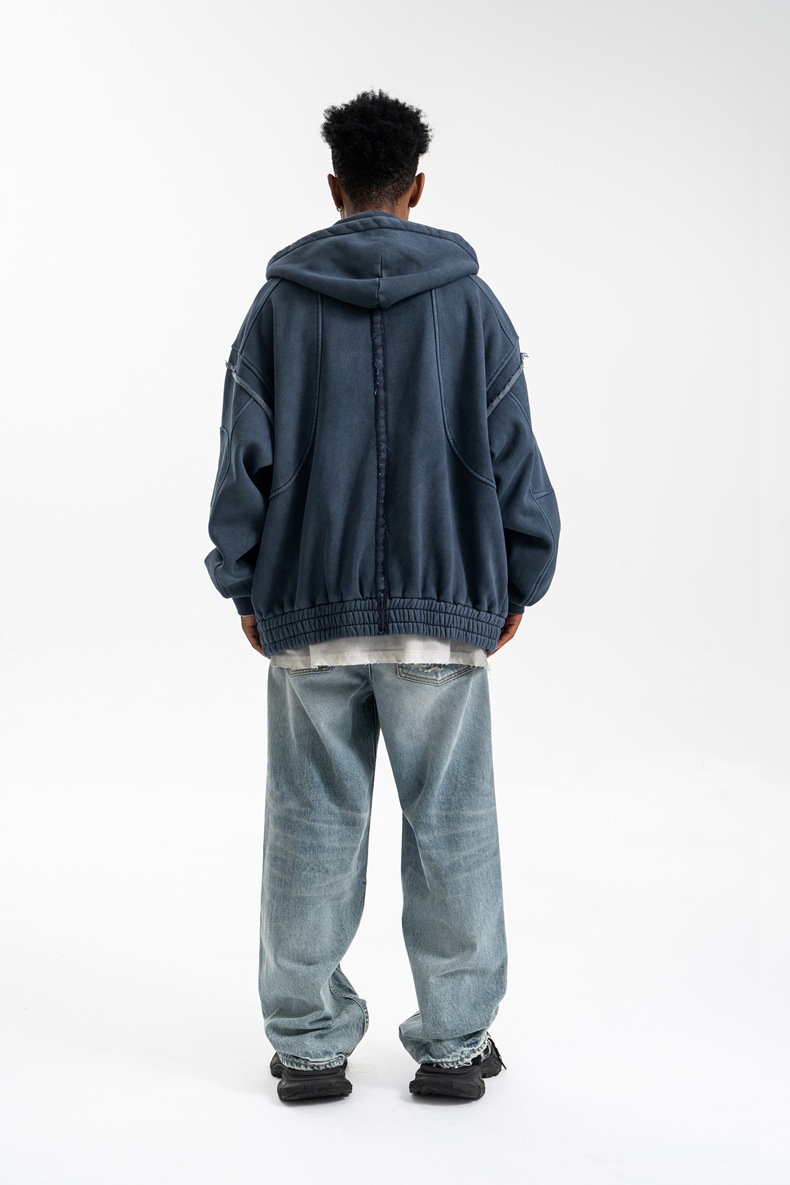 Utility Distressed Cotton Insulated Full-Zipper Embroidery Hoodie