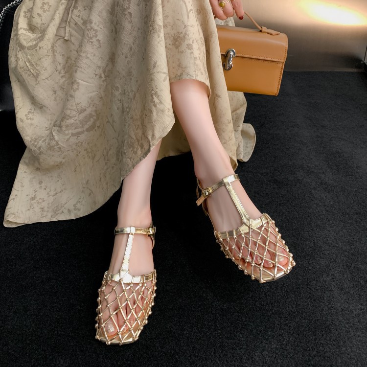 Cowhide foreskin hollowed out T-shaped strap flat sandals Mary Jane shoes
