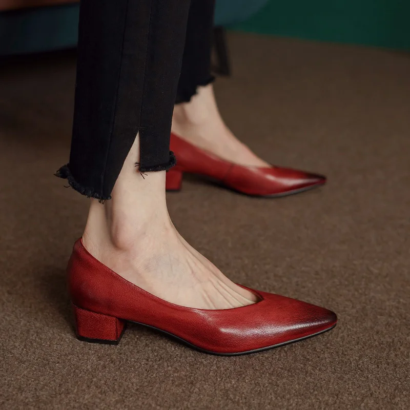 Classic Concise Women Pumps Thick Heels Genuine Leather Office Lady Working Mature Basic Shoes Spring Autumn 34-40