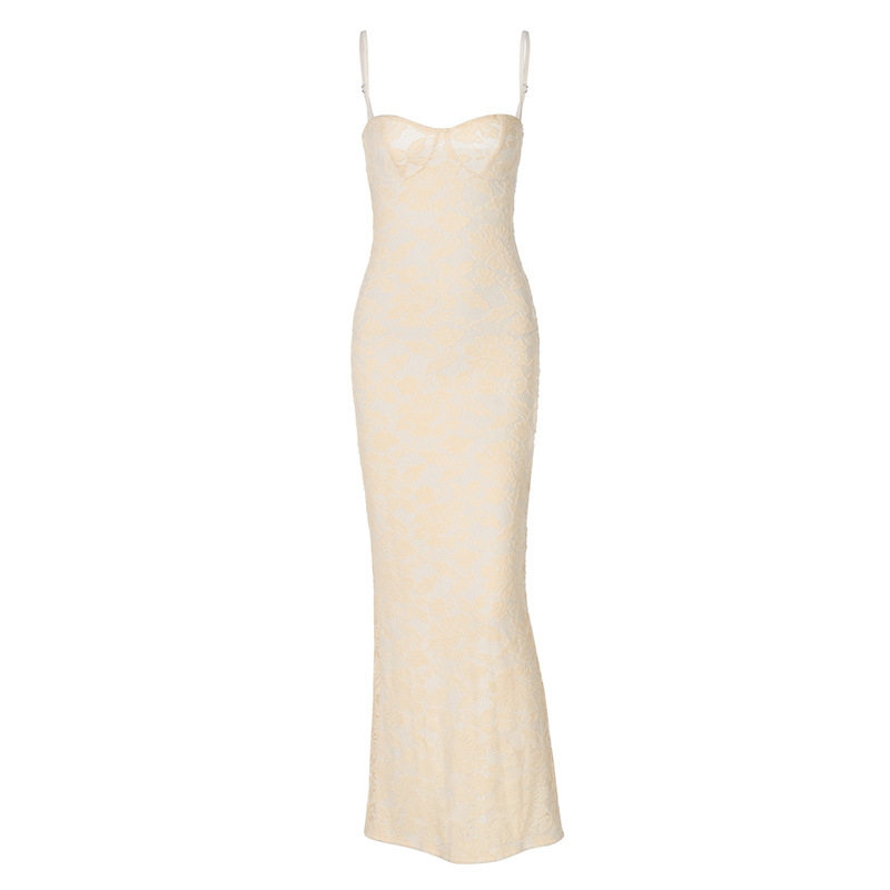 Women's Sexy Lace Splicing Strapless Backless Long Fitted Strap Dress