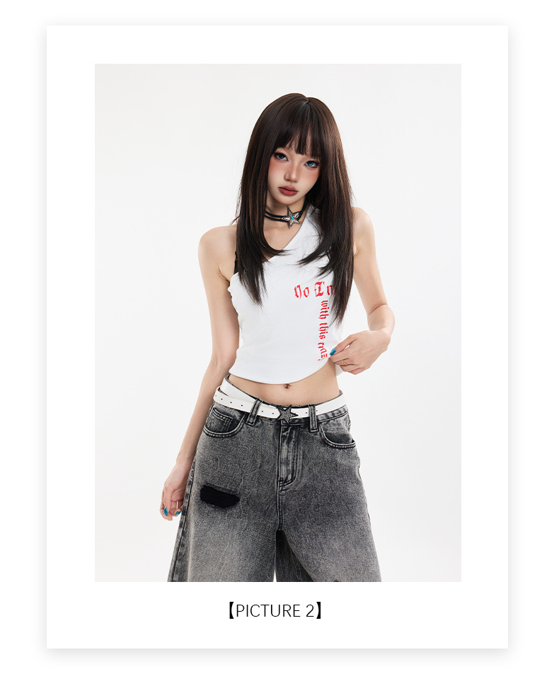 Black Gray Hole Seven-Point Denim Pants Women Vintage Wide-Leg Straight Leg Pants High Street Trendy