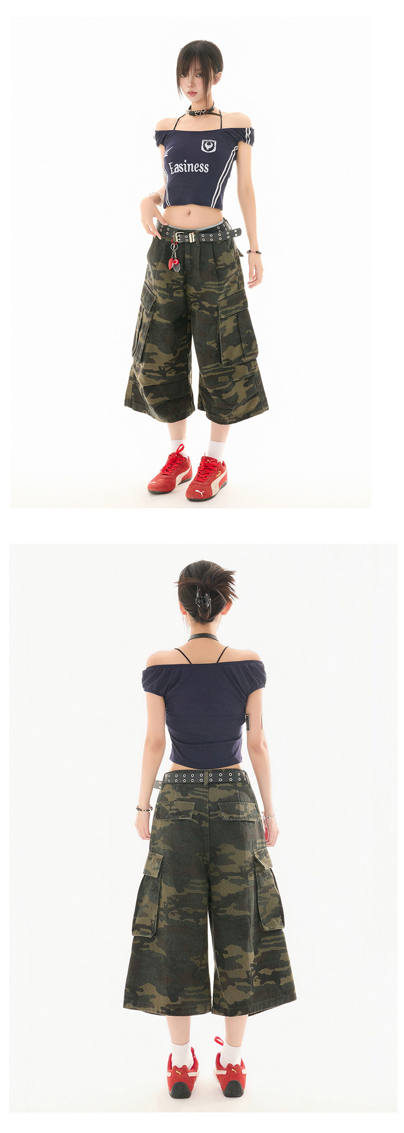 Women's Camouflage Cargo Capri Pants Slim Wide Leg Denim Trousers