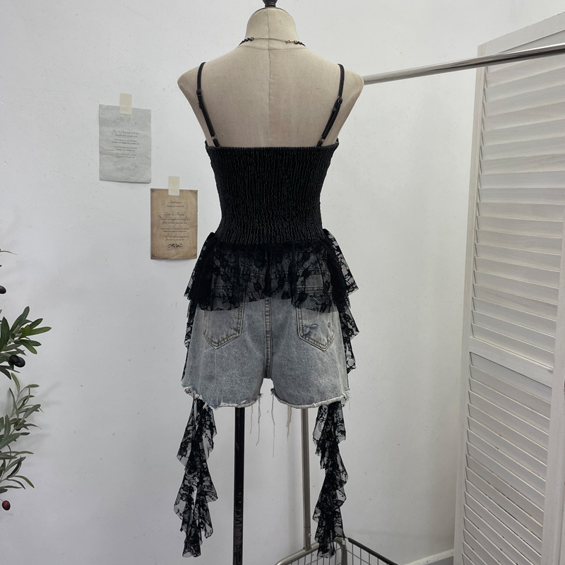 Slim Asymmetric Faded Jean Lacy Panel Fringed Bandeau