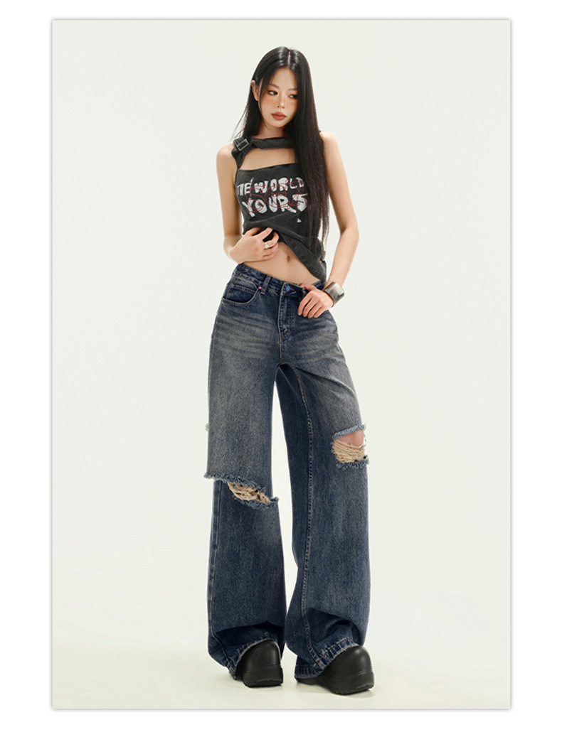 Women's Pocket Print High Waist Wide Leg Pants Summer Loose Slimming Distressed Denim Trousers