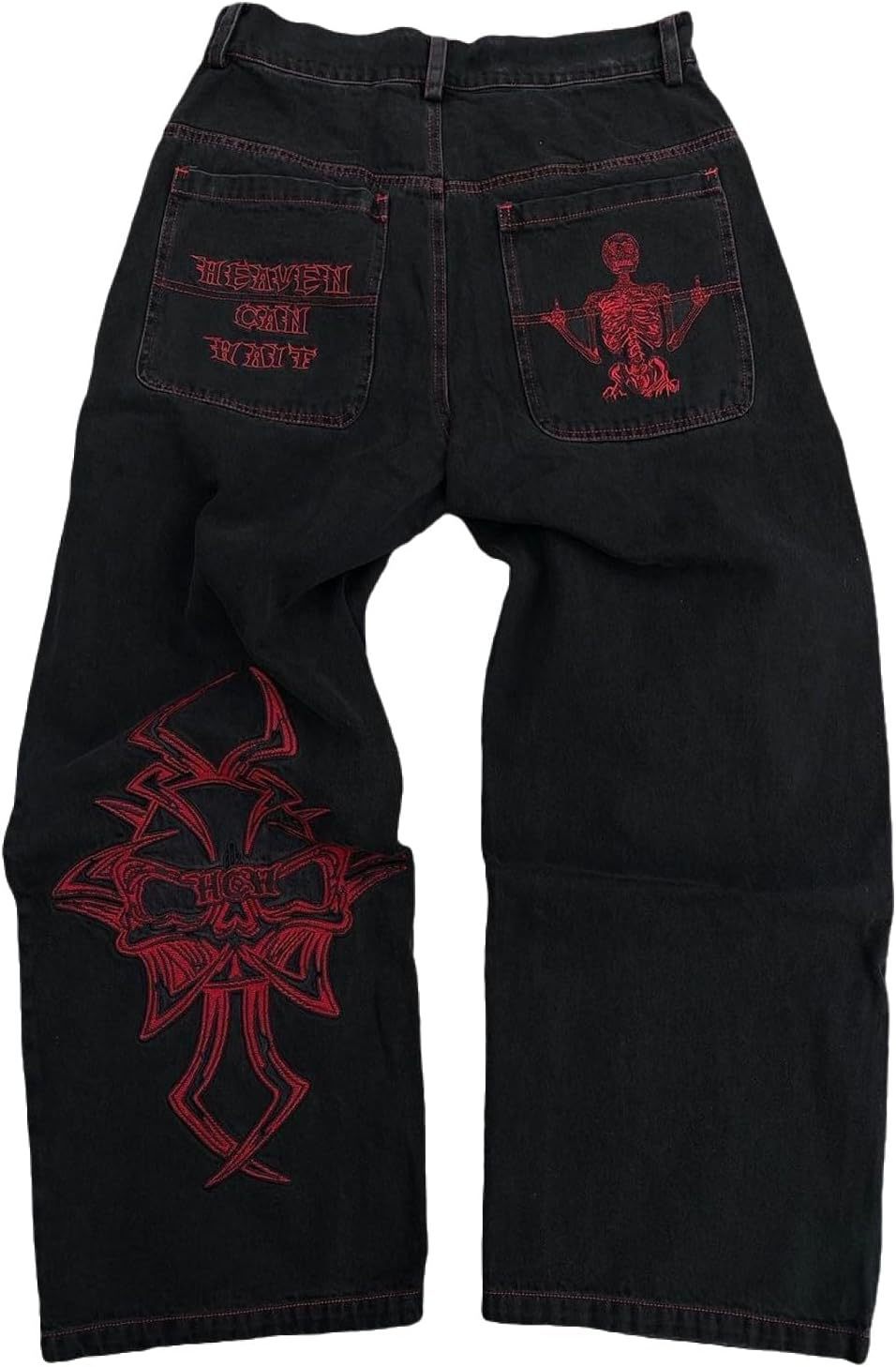 Retro hip-hop goth straight leg loose wide leg skeleton embroidered washed denim jeans for men