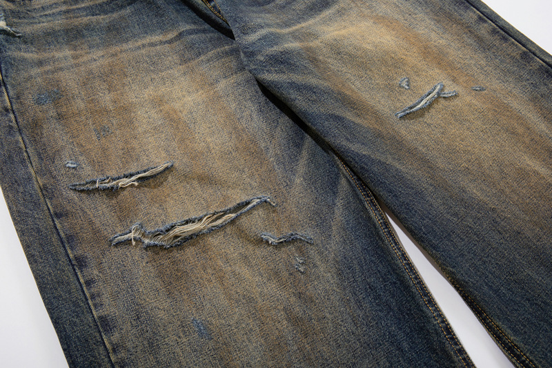 Vintage Washed Ripped Street Style Dagger Cut Denim Pants, Unisex Loose Clean Fit Wide Leg Floor-Length Trousers