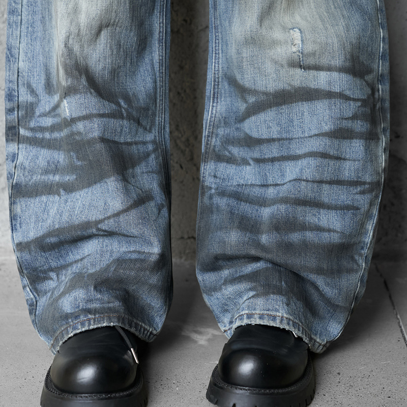 Street Style Vintage Distressed Washed Knife-Edge Denim Pants, Hip-Hop Casual Loose Ripped Straight Leg Jeans