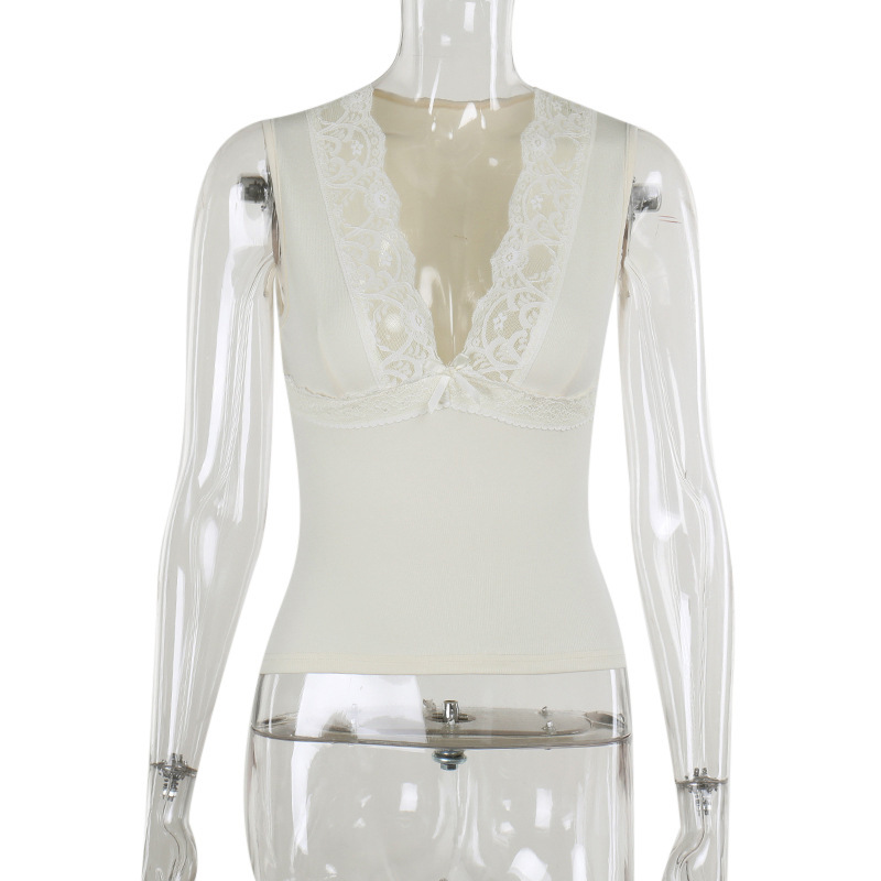 Lace patchwork V-neck bow vest top