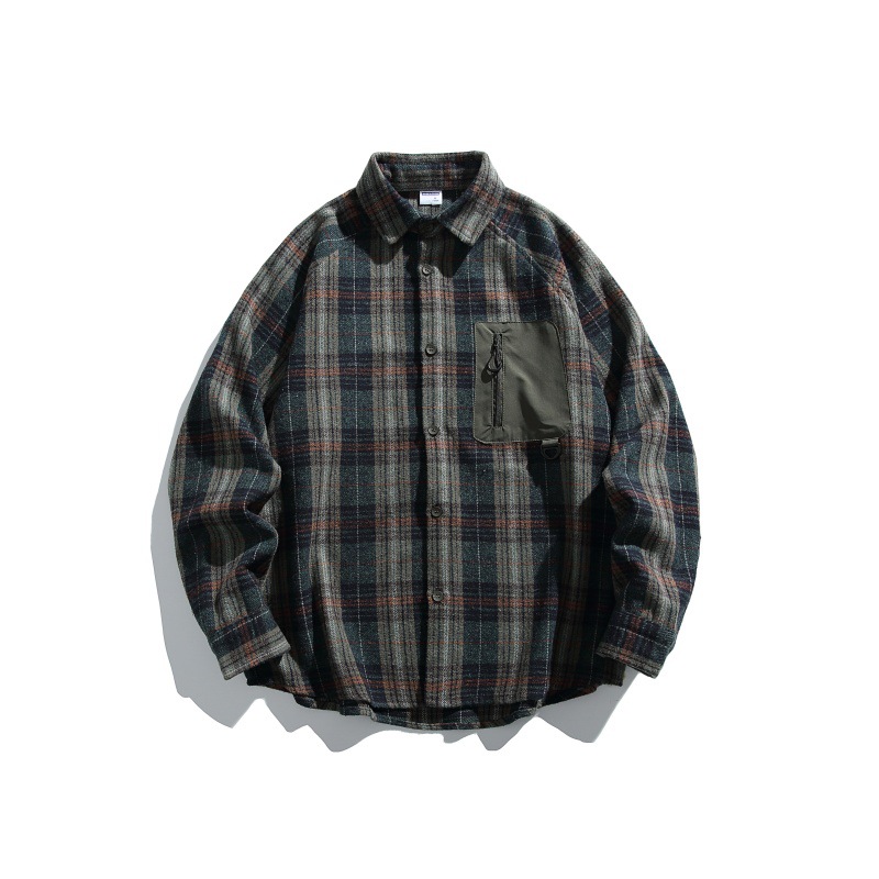 Oversized Contrast Plaid Zip Pouch Full-Sleeved Shirt