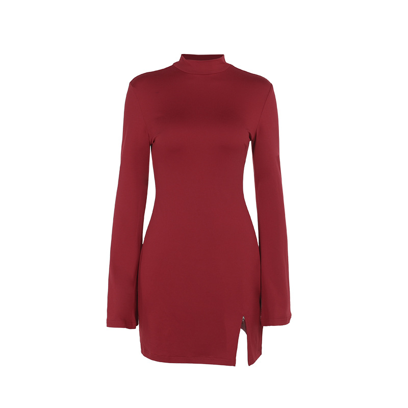 Mock Collar Solid Split Hem Bodycon Dress