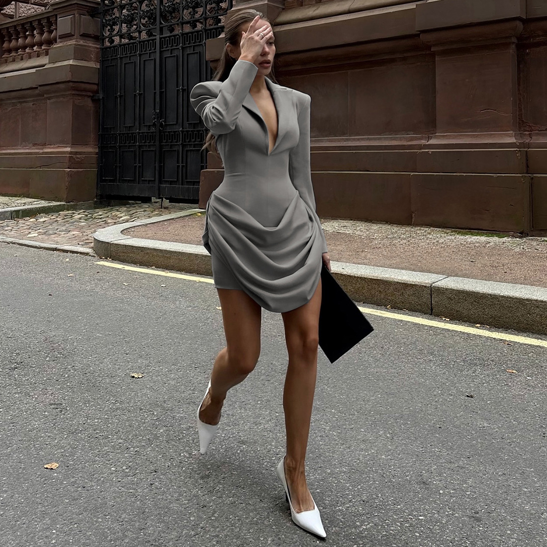 Plunging Neckline Fitted Nipped-In Polyester Dress