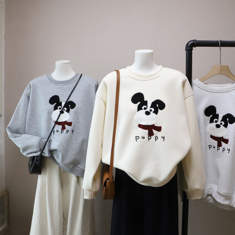 Casual Cartoon Embroidered Fleece Lined Thick Hoodie for Women Round Neck