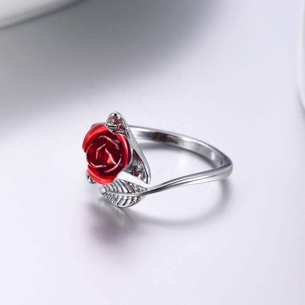 U7 Red Rose Garden Flower Leaves Resizable Finger Rings for Women Valentine's Day Gift Jewelry Hot Sale Open Ring R1019