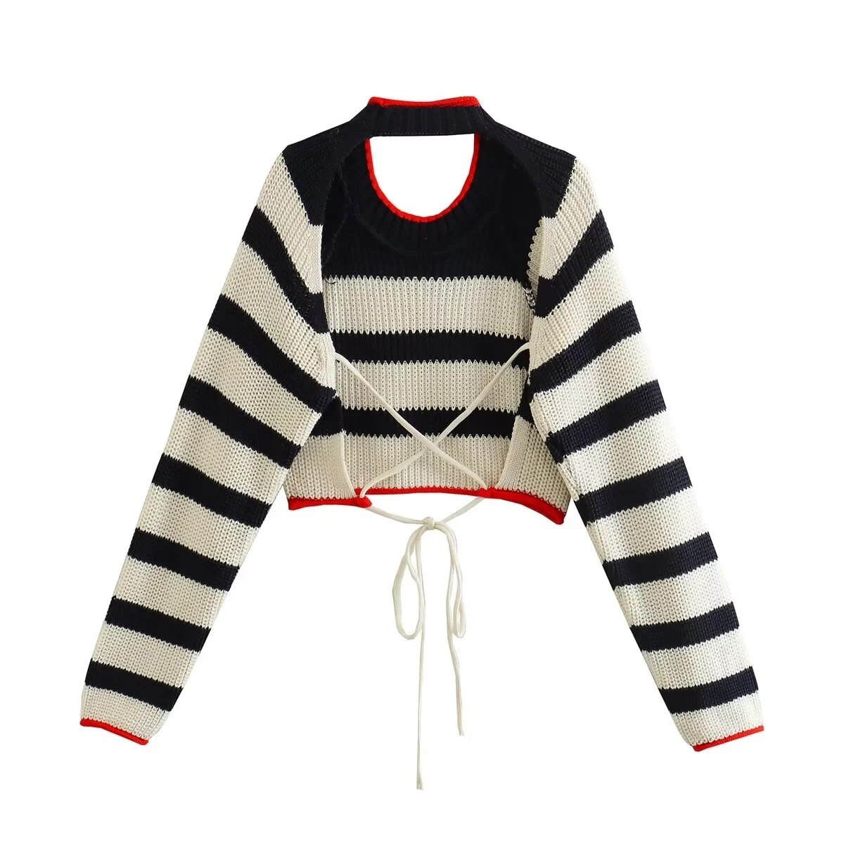 Women's Striped Knit Crewneck Open Back Wrist-Length Sweater