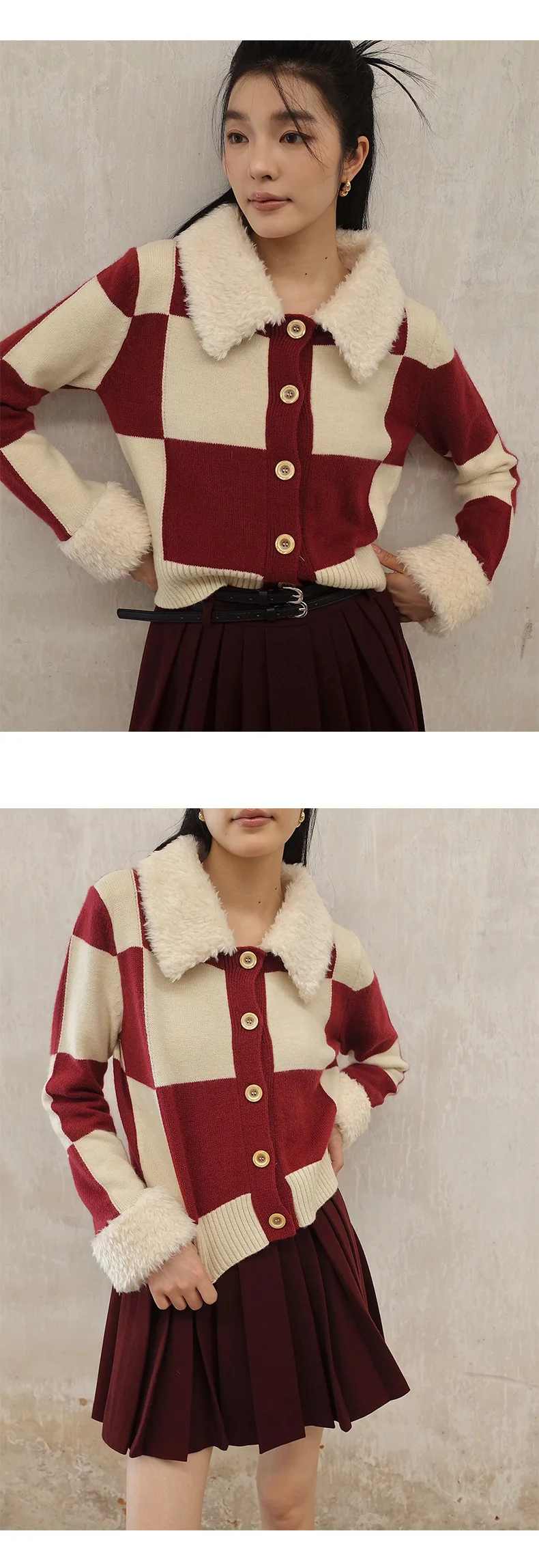 Ladies Vintage Woolen Contrast Fitted One-Button Cardigan