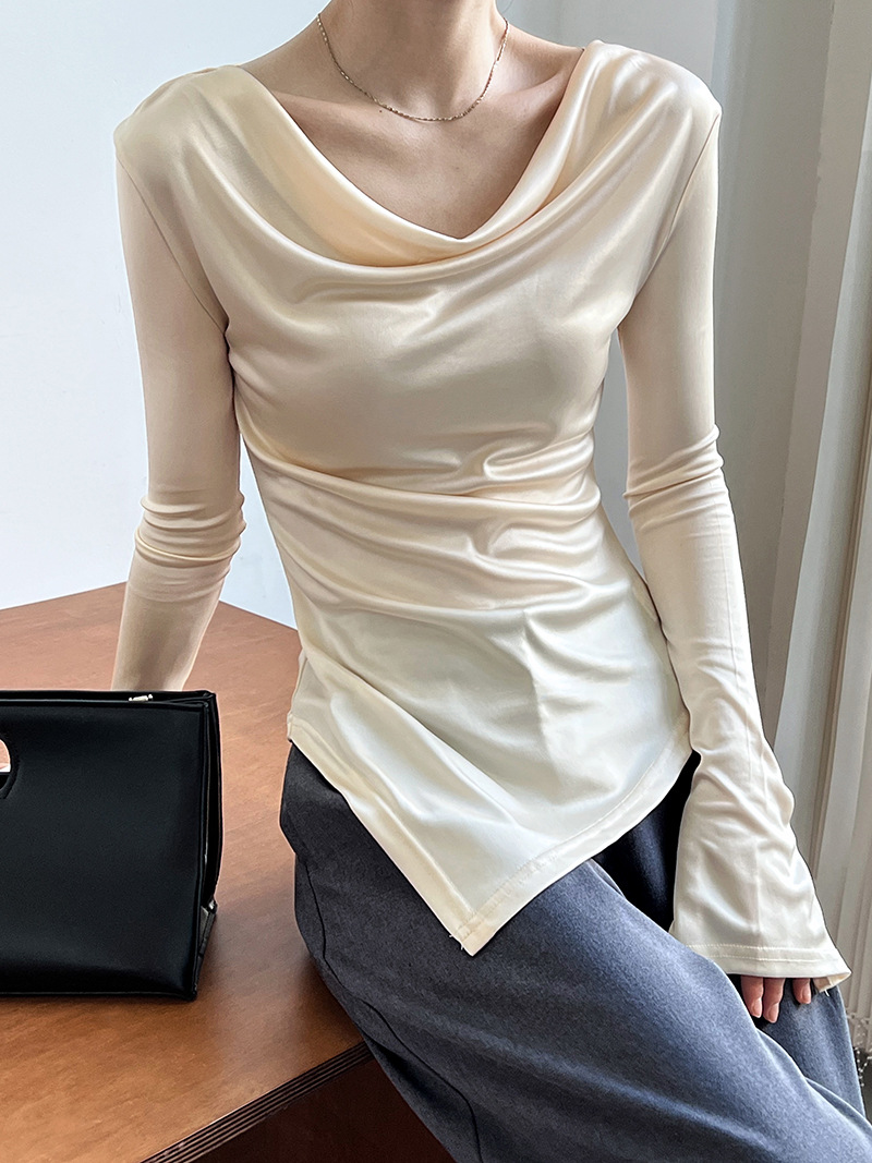 Women Slim Solid Cowl Neck Elongated Sleeve Tee