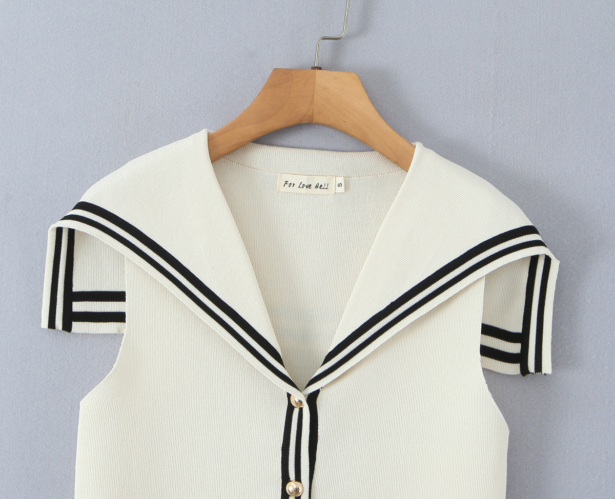 Fashionable slim fit contrasting retro navy neck knitted vest for women