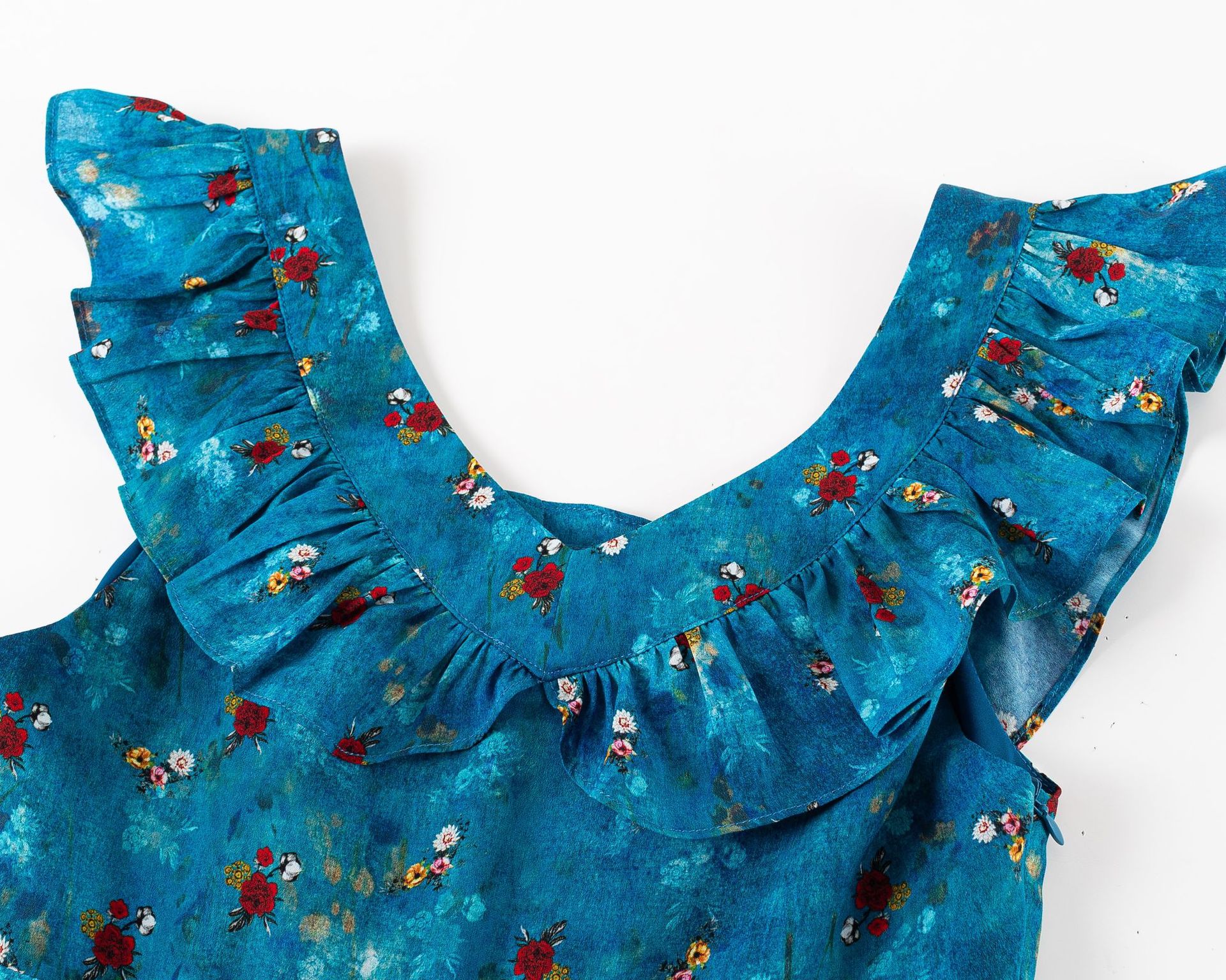 Ruffled Hem Blue Base Floral Print Waist-Cinched Dress