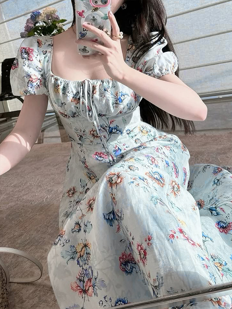 Short Puff Shoulder Botanical Maxi Dress