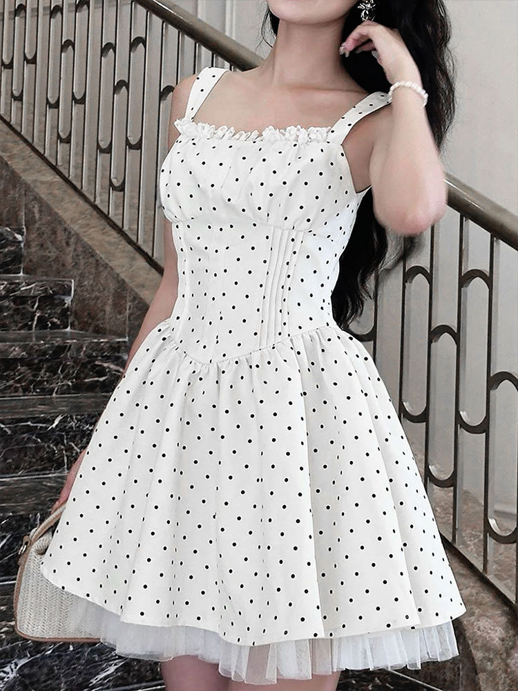 Polyester Sleeveless Spotted Midi Fitted Ball Dress