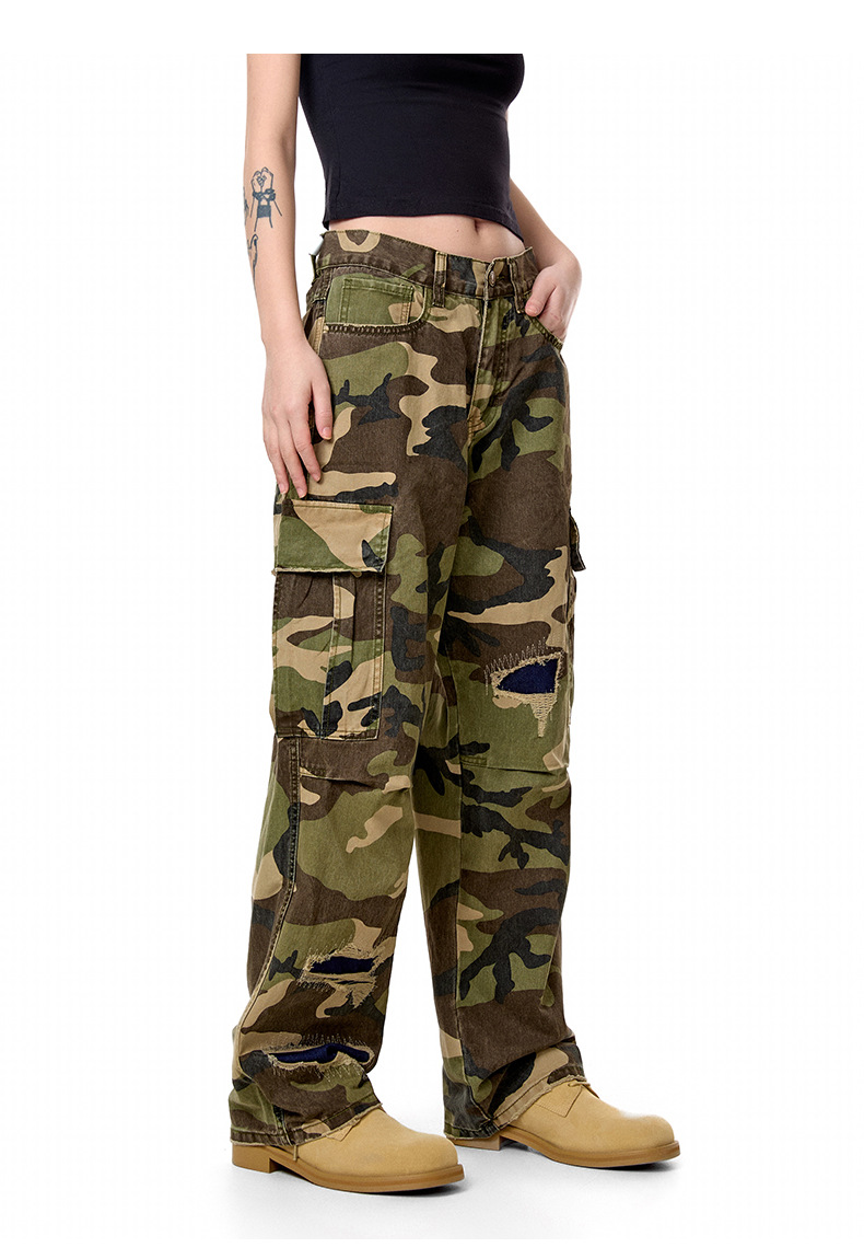 Camouflage Casual Pants with Ripped Patches Loose Straight Leg Trousers with Pockets