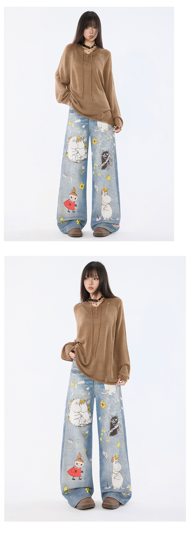 Women's Cartoon Wide-Leg Jeans Unique Design Loose Straight Pants