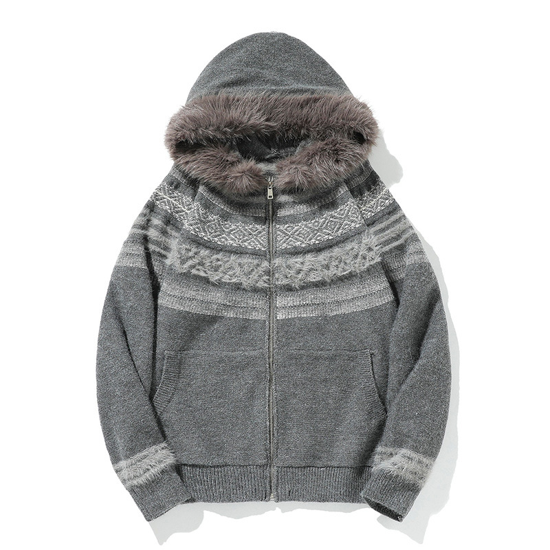 Matching Oversized Furry Trim Jacquard Knit Overcoat