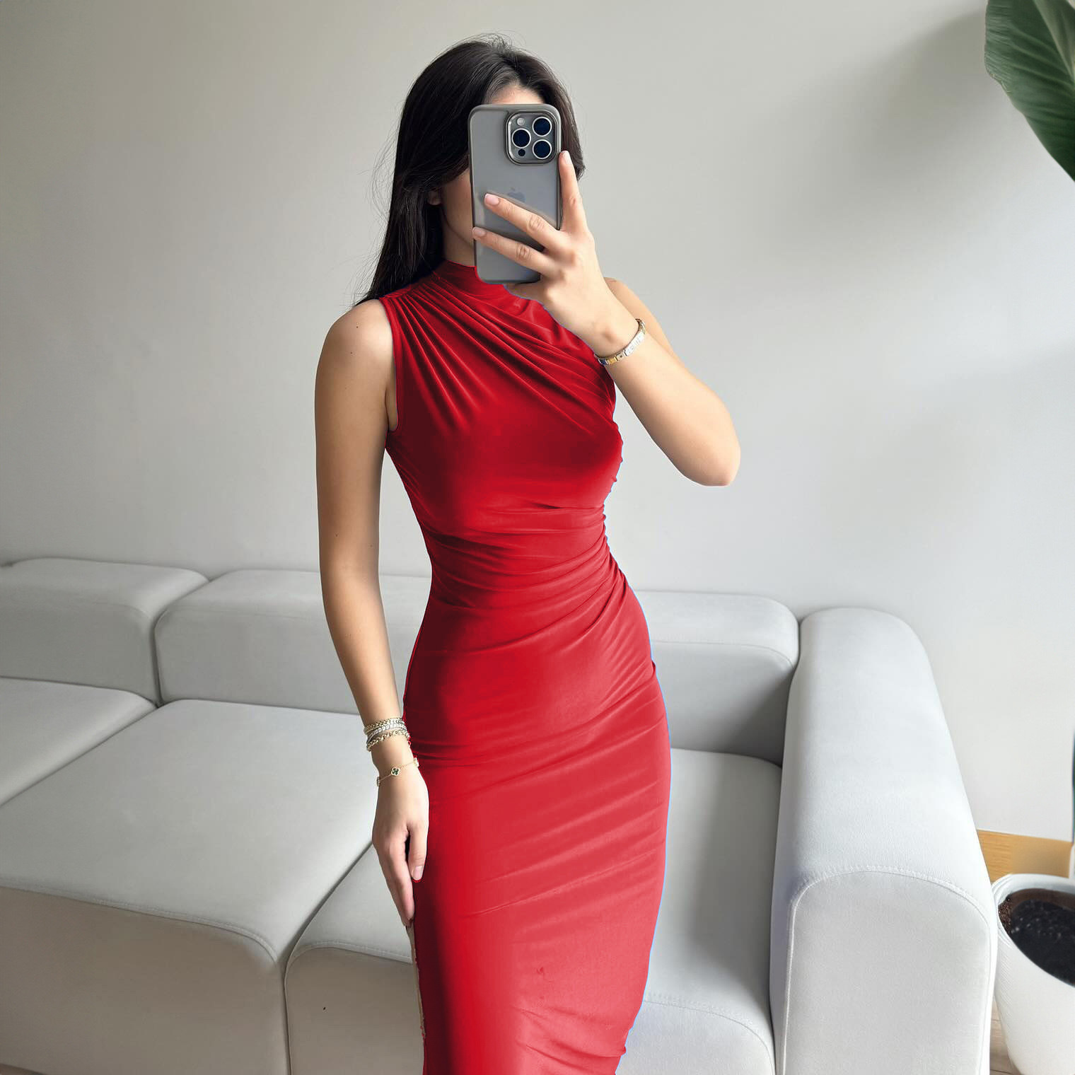 Mock Neck Side Split Bodycon Maxi Dress