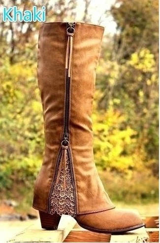 High heeled thick heeled cuffed high boots