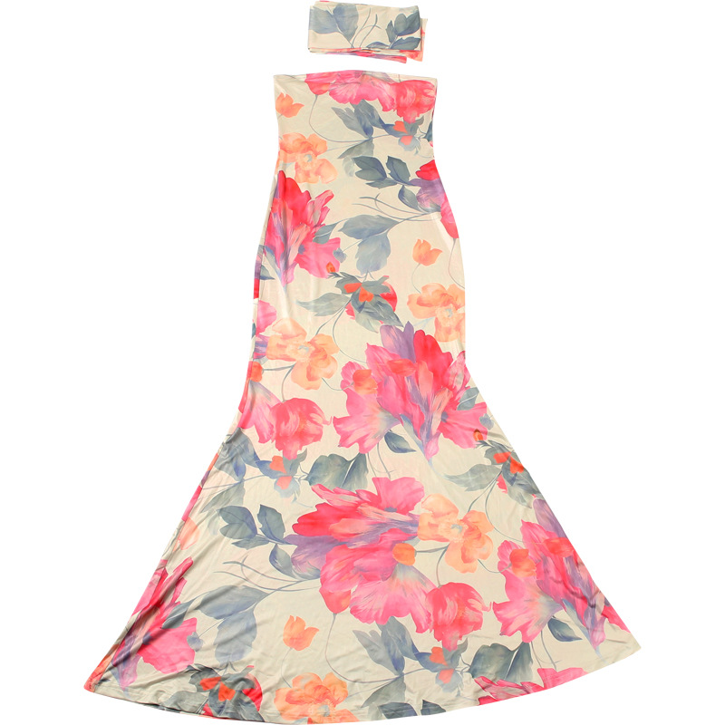 Patterned Drape Neck Open Back Bare Shoulder Dress